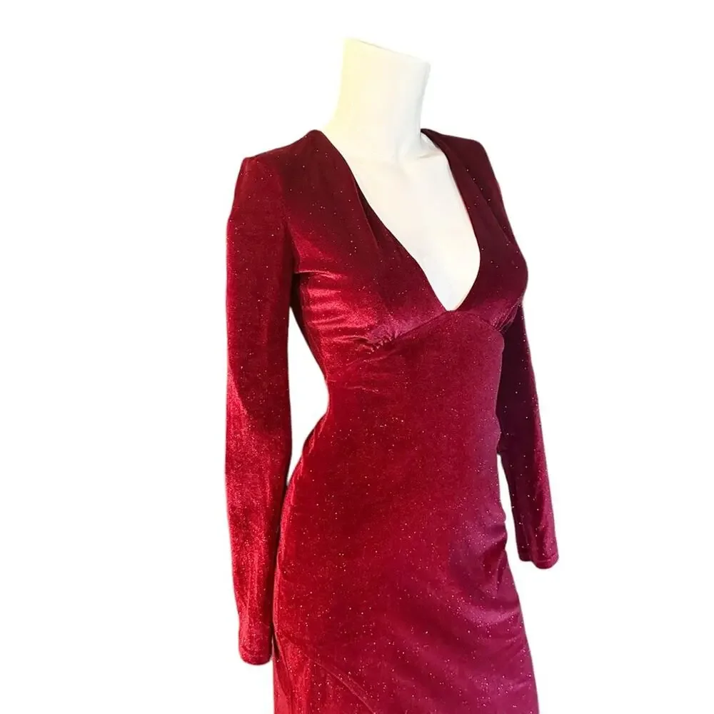 BERSHKA Velvet Dress Deep Red Gold Holiday Party Small Shimmer S - Picture 4 of 10